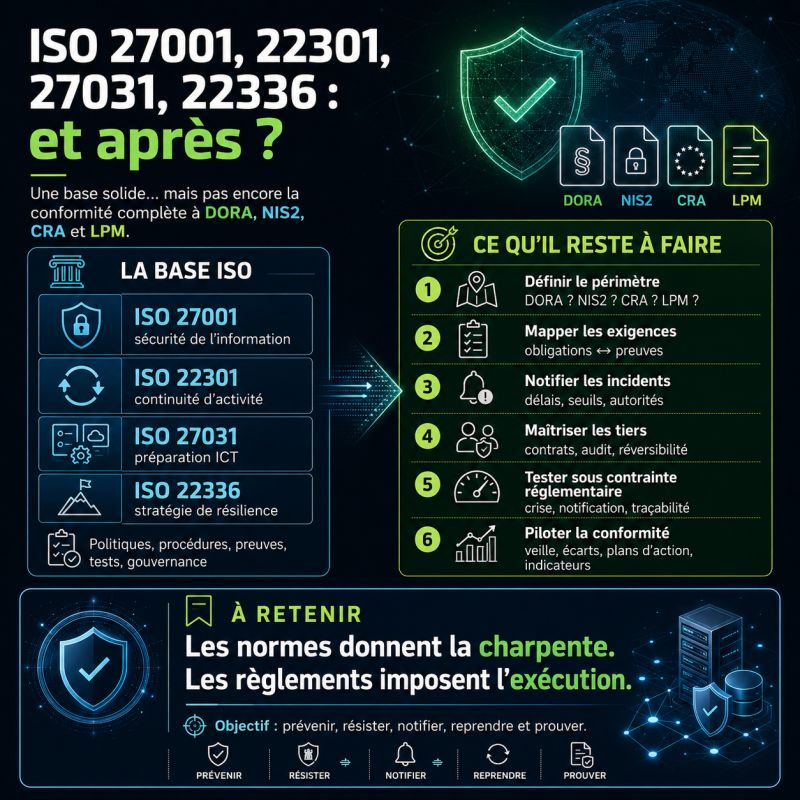 Illustration de l'article Une base ISO solide ne suffit pas à cocher DORA, NIS 2, CRA et LPM