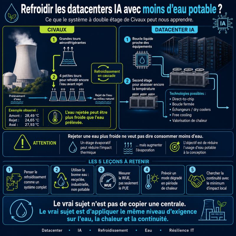 Illustration de l'article Refroidir les datacenters IA avec moins d’eau potable : que peut-on apprendre de Civaux ?